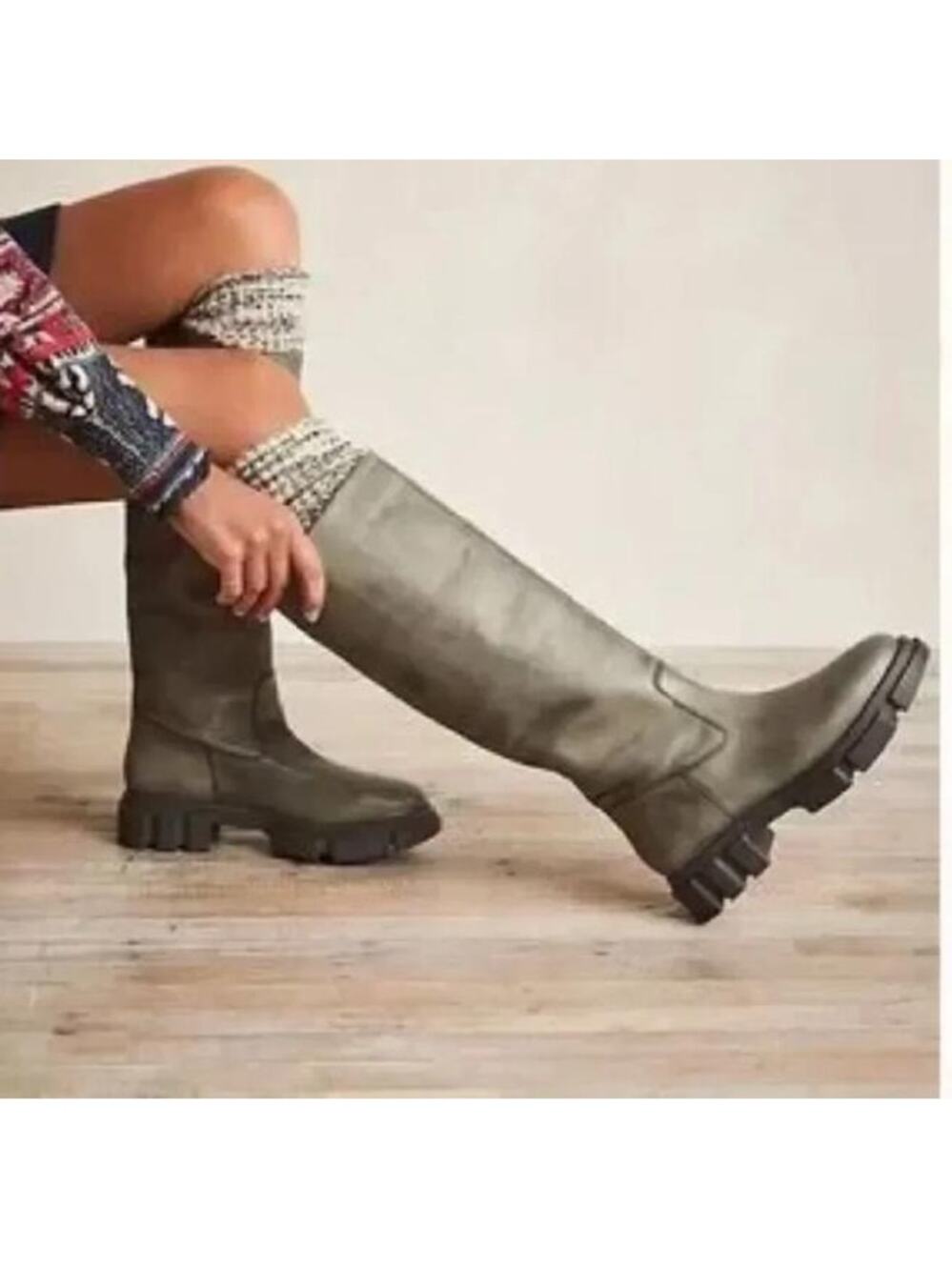 Free People Brooks Knee High Tall Boots Leather Lug Sole in Military Moss (10)